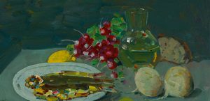 Frontseite Rudolf Bartels, Stillleben mit Fisch und Radieschen, Kunstmuseum Schwaan